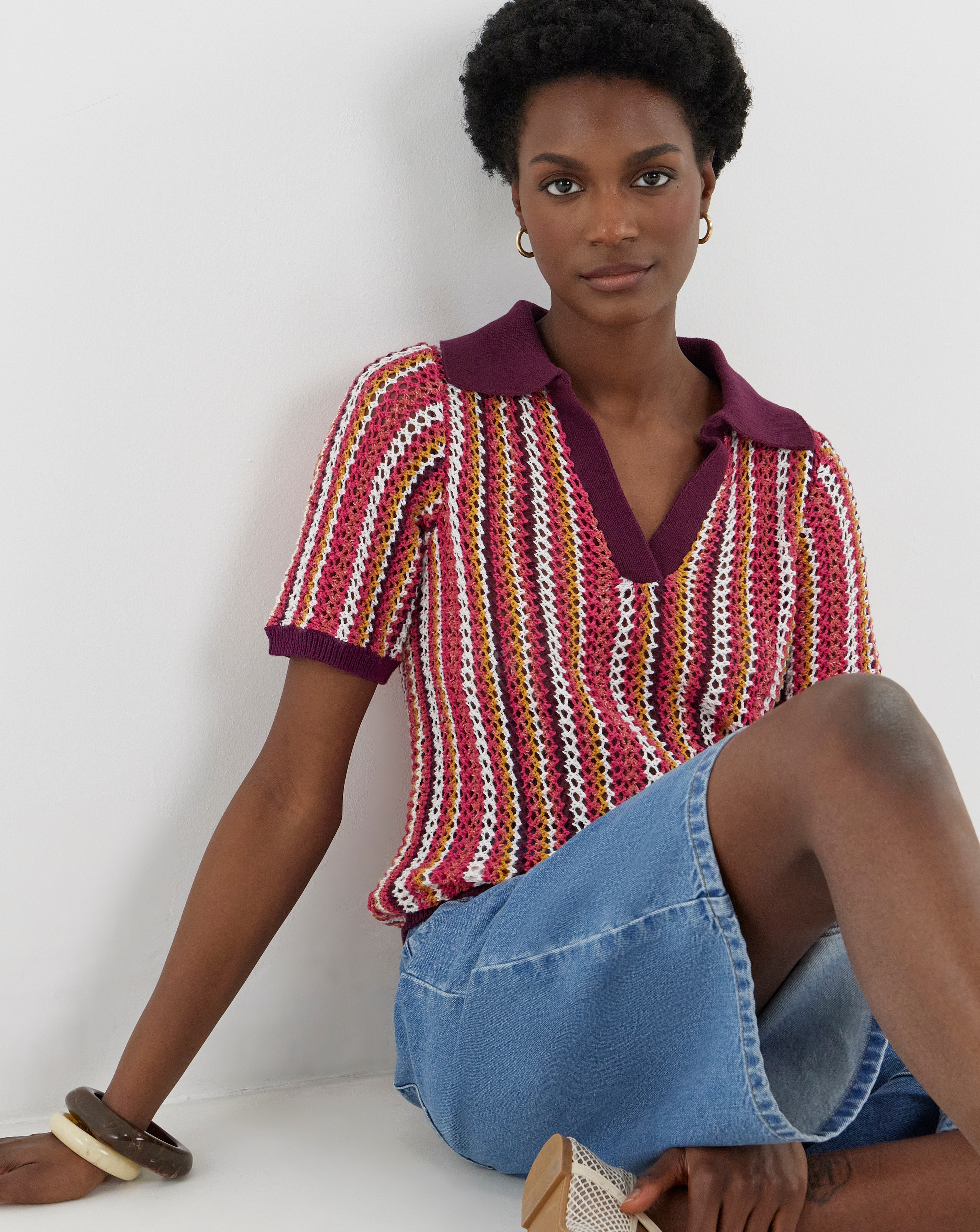 Crochet Stripe Knitted Short Sleeve Polo | Ambrose Wilson