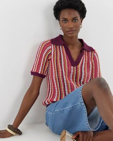 Crochet Stripe Knitted Short Sleeve Polo