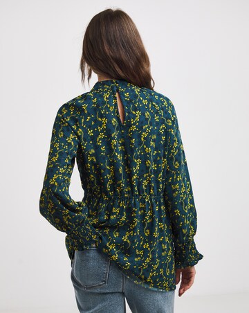Yellow Floral High Twist Neck Long Sleeve Top