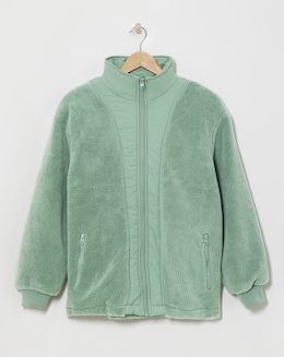 Green Funnel Neck Lined Longline Borg Jacket
