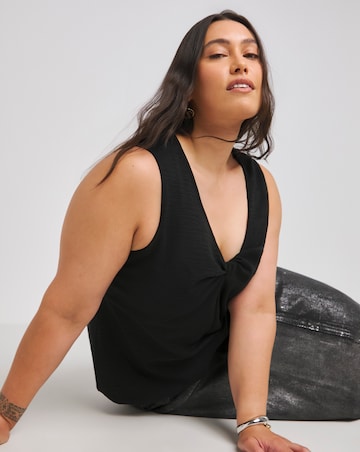 Simply Be Black Jersey Linen Look Knot Front V Neck Cami