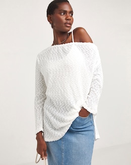 Boucle Textured Slash Neck Longline Top