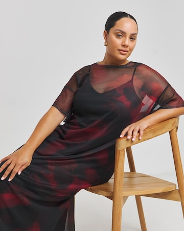 Red Blur Printed Mesh T-Shirt Dress