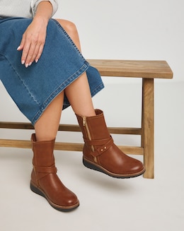 Heavenly Soles Billie Low Wedge Buckle Strap Boot - Wide Fit (E)