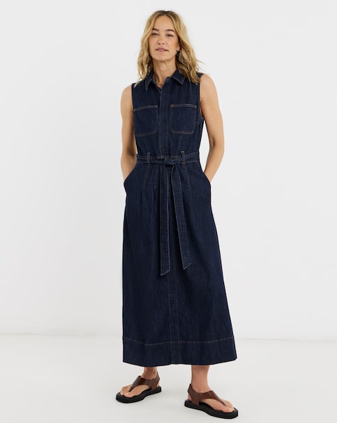 Indigo Sleeveless Pocket Front Midaxi Dress