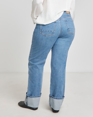 Bright Blue Turn Up Hem Straight Leg Jean