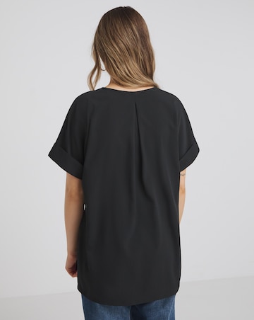 Black Roll Sleeve Dip Back Boxy Blouse