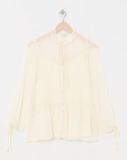 Womens Dobby Frill Smock Blouse - Ivory