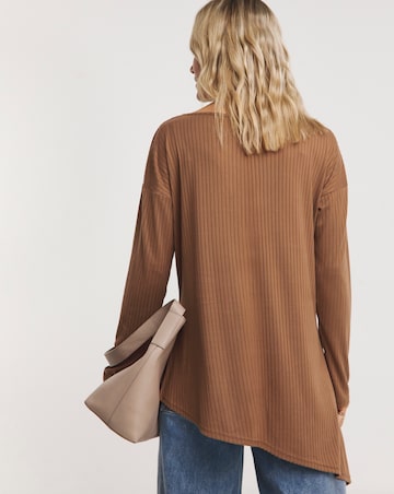 Beige Long Sleeve Ribbed Asymmetric Top