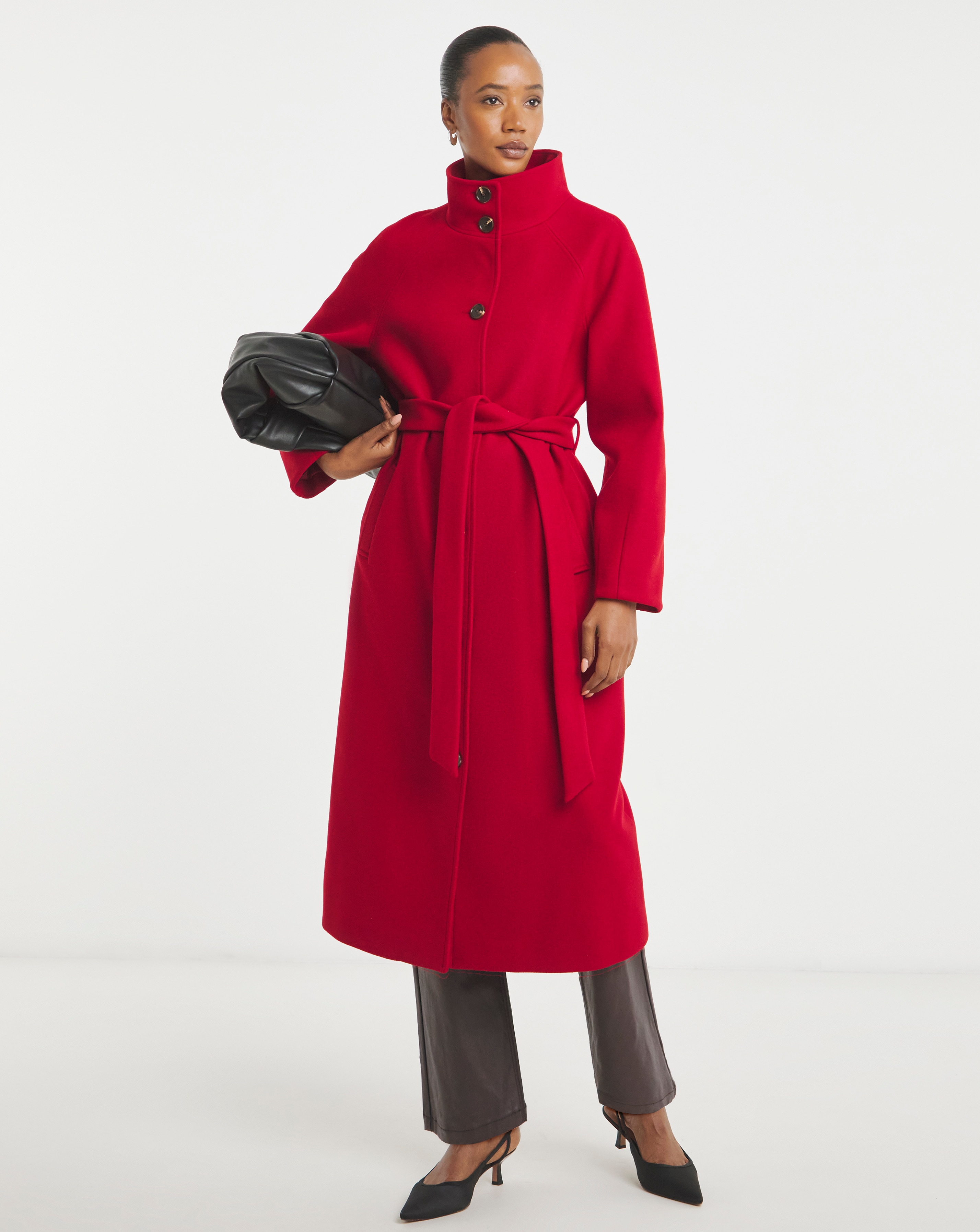 Red Funnel Neck Longline Coat | Ambrose Wilson