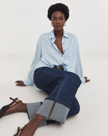 Raw Indigo Stretch Wide Leg Turn Up Jeans
