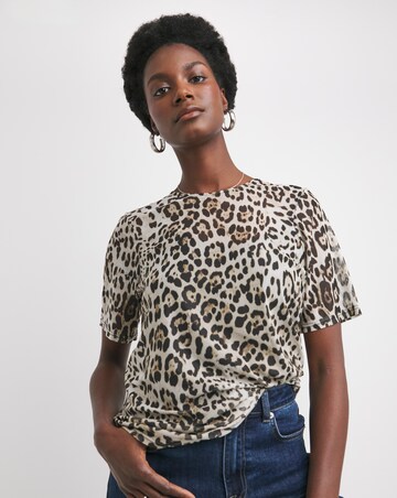 Leopard Print Crew Neck Mesh T-Shirt