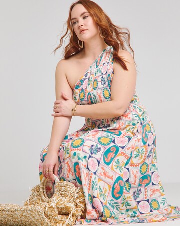 Native Youth One Shoulder Shirred Postcard Midaxi Pocket Dress