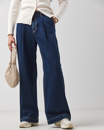 Mid Blue Pleat Front Wide Leg Jeans