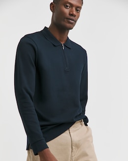 Longsleeve Textured Jersey Polo-Navy