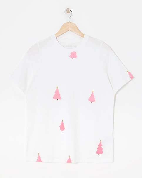 White Crew Neck Embroidered Christmas Tree T-shirt