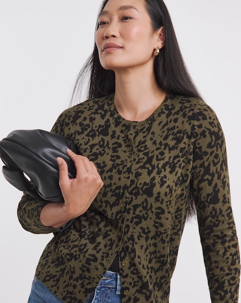 Eversoft Khaki Print Crew Neck Cardigan