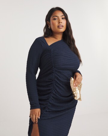 Navy Ruched Textured Jersey Midi Dress