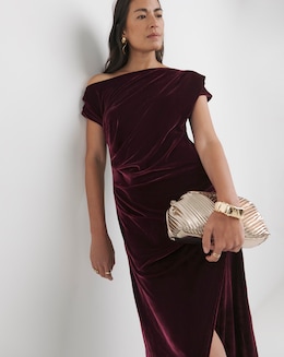 Velvet Asymmetric Neckline Midi Dress