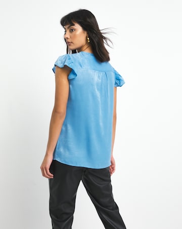 Blue Tie Neck Frill Detail Sleeveless Satin Top