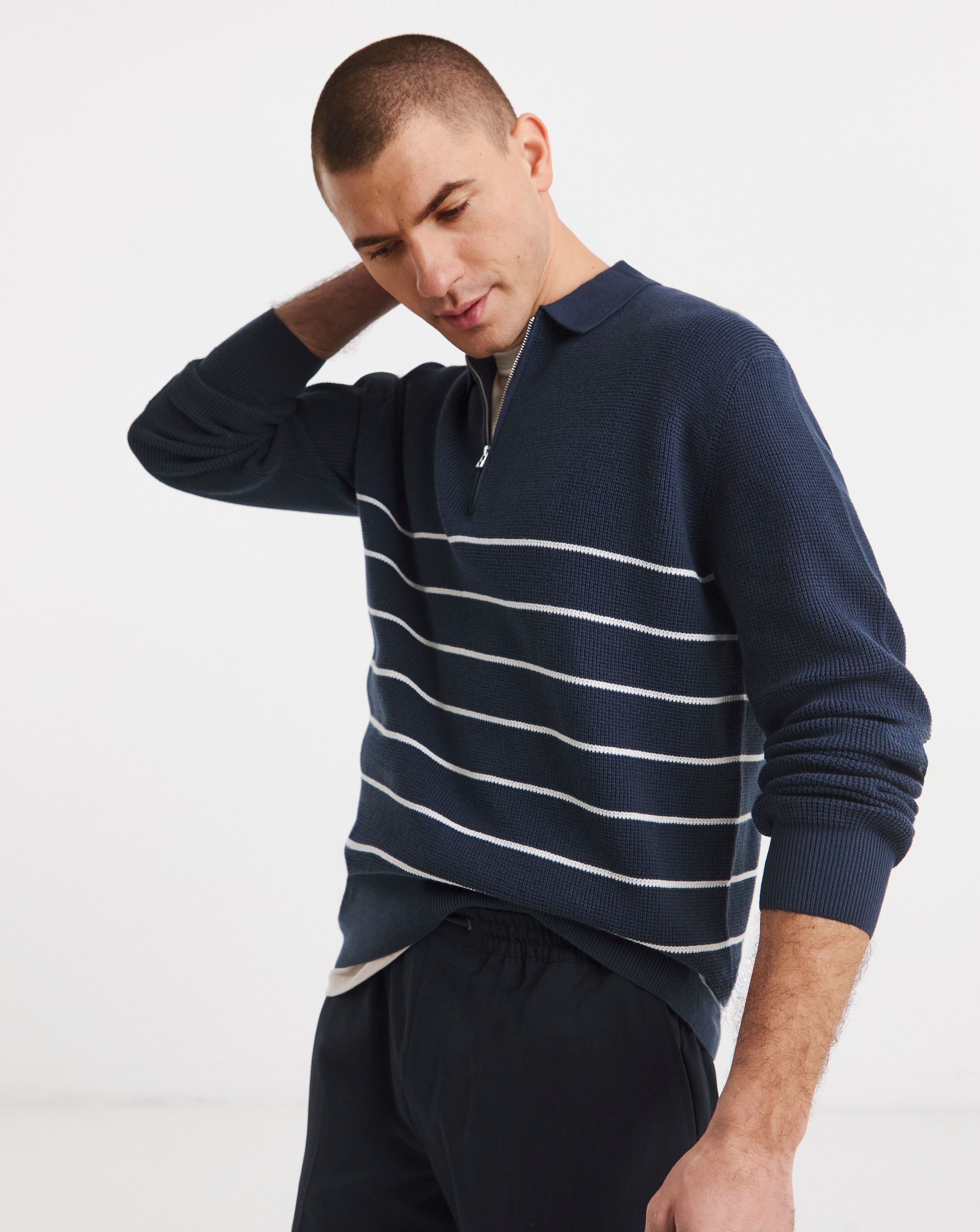 Blue Long Sleeve Knitted Polo | Ambrose Wilson