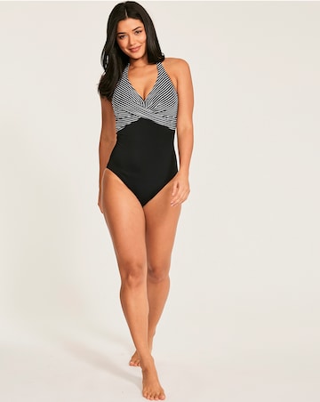 Figleaves Tailor Halter Twist Front Tummy Control Stripe Swimsuit Longer Length