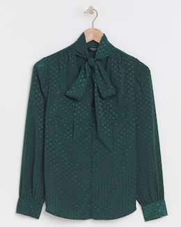 Green Jacquard Spot Tie Neck Blouse