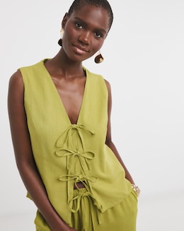 Green Tie Front Linen Mix Waistcoat