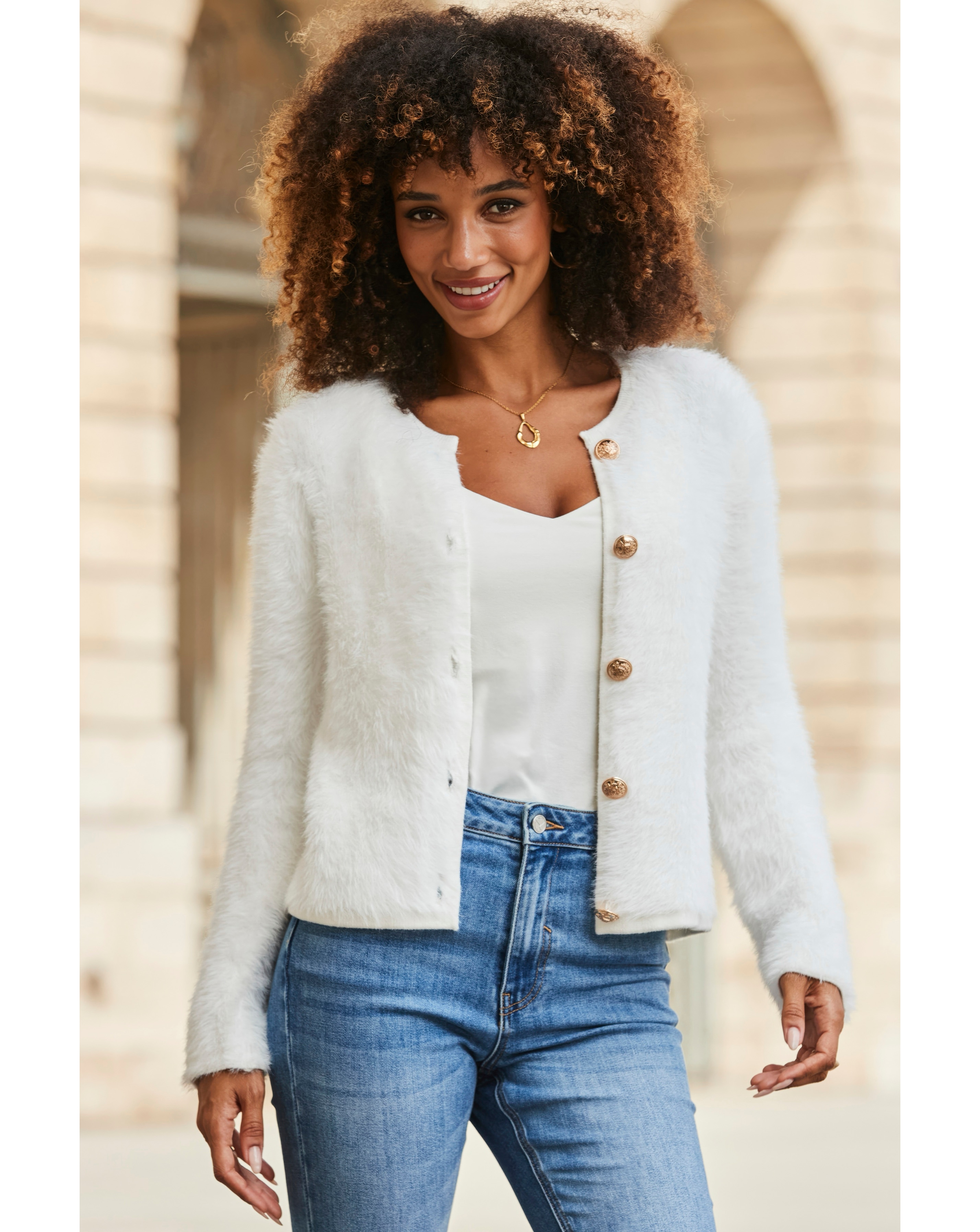 Sosandar Crew Neck Fluffy Cardigan | Ambrose Wilson