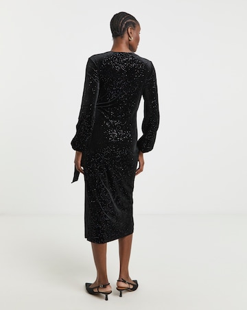Black Glitter Velour Wrap Midi Dress