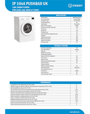 Indesit IP 1046 Push & Go Washing Machine - White