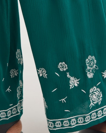 Green Embroidered Crinkle Wide Leg Trousers