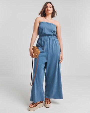 Simply Be Blue Acid Wash Cotton Jersey Bandeau Jumpsuit