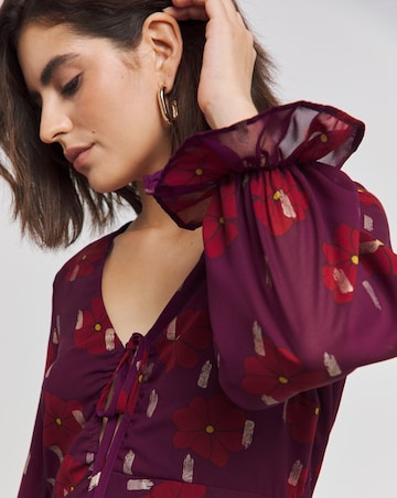 Plum Floral Tie Front Skater Dress With Gold Foil
