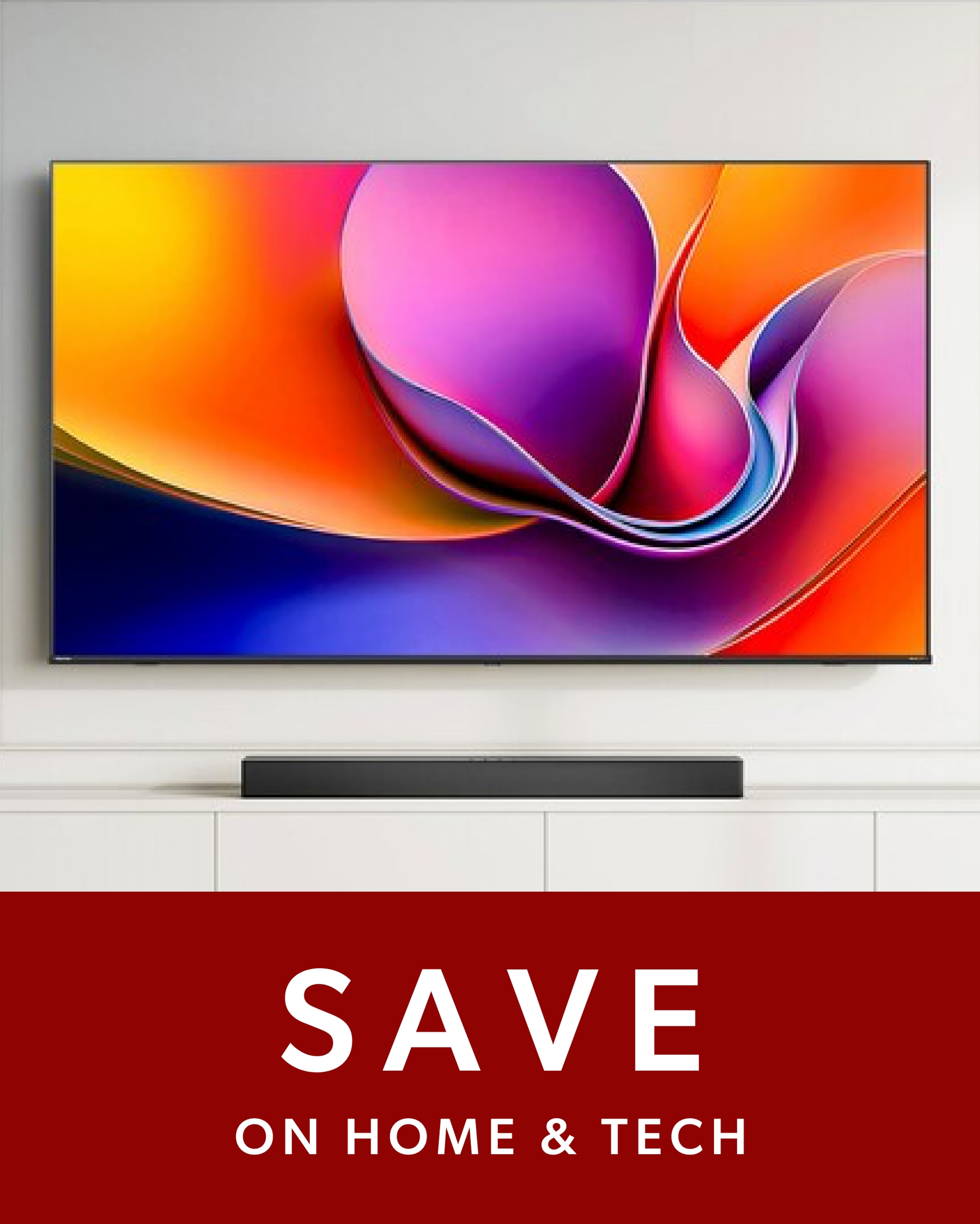 Flat-screen TV displaying a vibrant abstract design mounted above a soundbar.