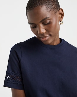 Pure Cotton Crew Neck Short Sleeve Lace Insert T-shirt