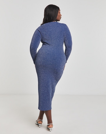 Blue Cut Out Glitter Rib Midi Column Dress