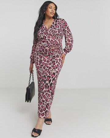 Flounce London Long Sleeve V- Neck Twist Knot Maxi Dress In Pink Leopard Print