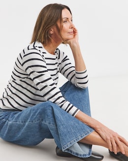 Pure Cotton Stripe Long Sleeve Longline Curved Hem Top