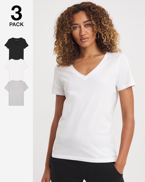 Black, White And Grey Pure Cotton Three Pack V Neck Short Sleeve T-Shirt