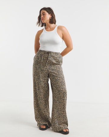 Simply Be Leopard Tie Waist Linen Mix Wide Leg Trousers