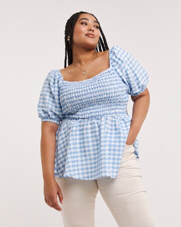 Gingham Puff Sleeve Shirred Peplum Top