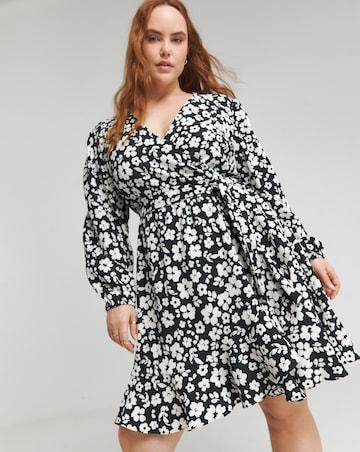 Mono Print Textured Wrap Skater Dress