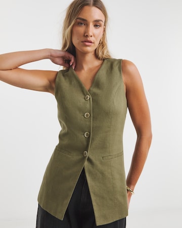 Simply Be Khaki Linen Blend Longline Co-ord Waistcoat