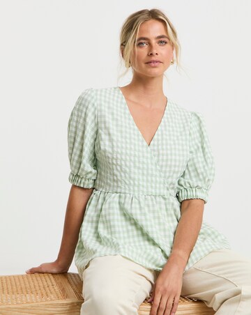 Puff Sleeve Sage Gingham Wrap Top