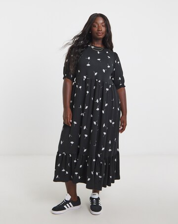 Black Ditsy Print Supersoft Tiered Midi Dress
