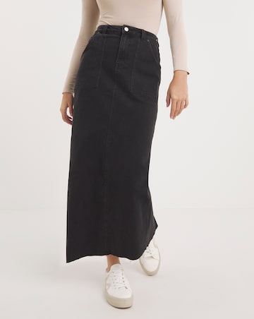 Black Denim Cargo A-Line Maxi Skirt