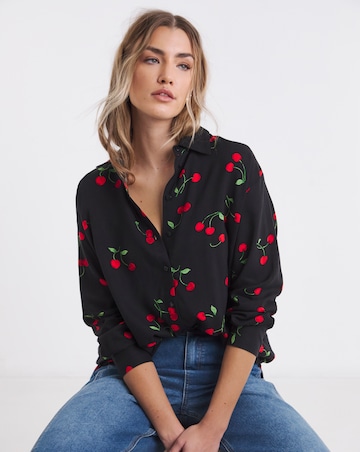 Simply Be Cherry Print Long Sleeve Viscose Relaxed Shirt