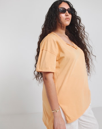 Simply Be Washed Orange Oversized Exposed Seam V Neck T-Shirt