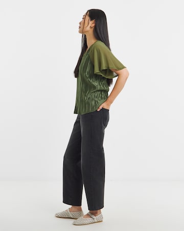 Khaki Pleated Angel Sleeve Longline Top